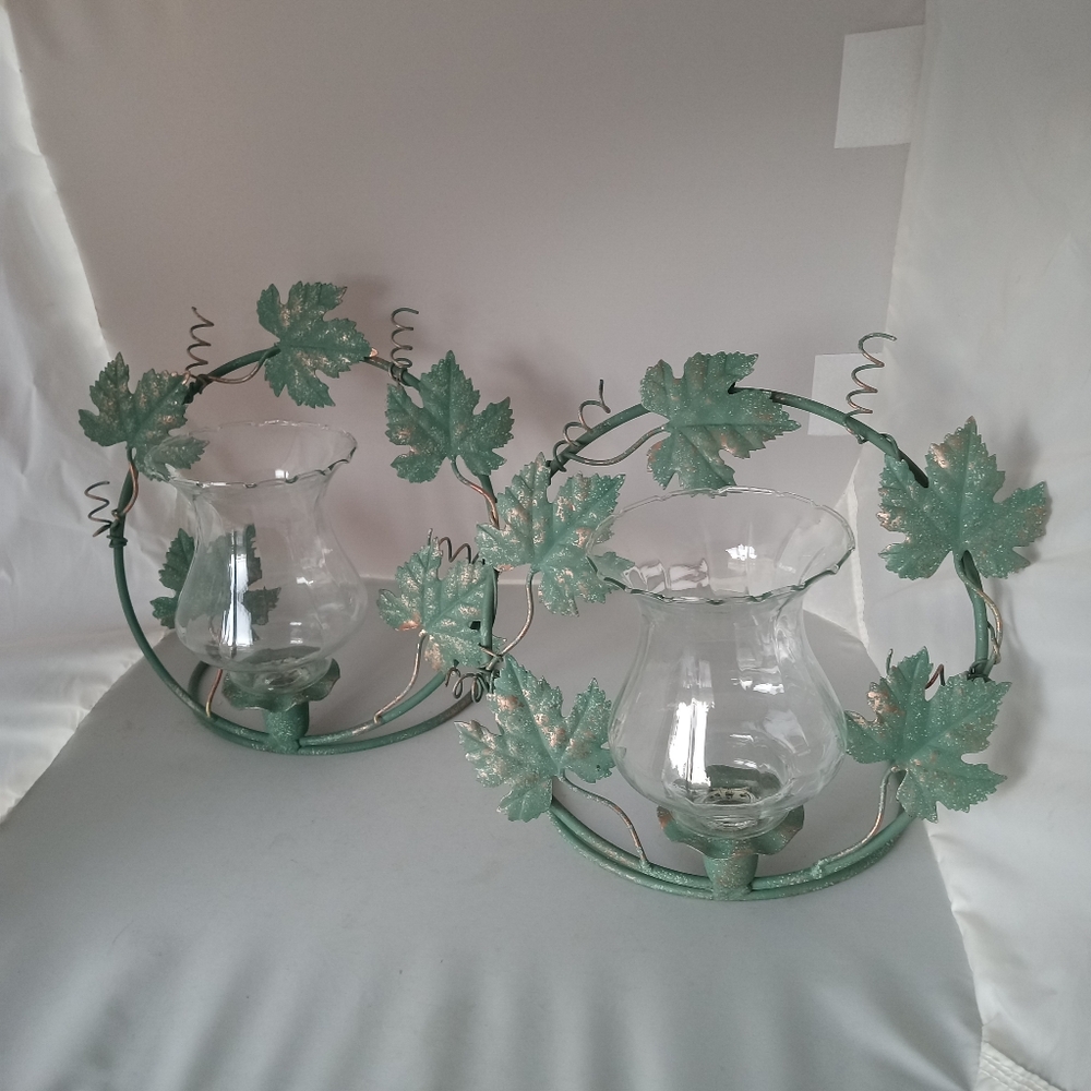 Two Green Leaf Wall Sconces with Homco Classique Votive Cups Hung or tabletop